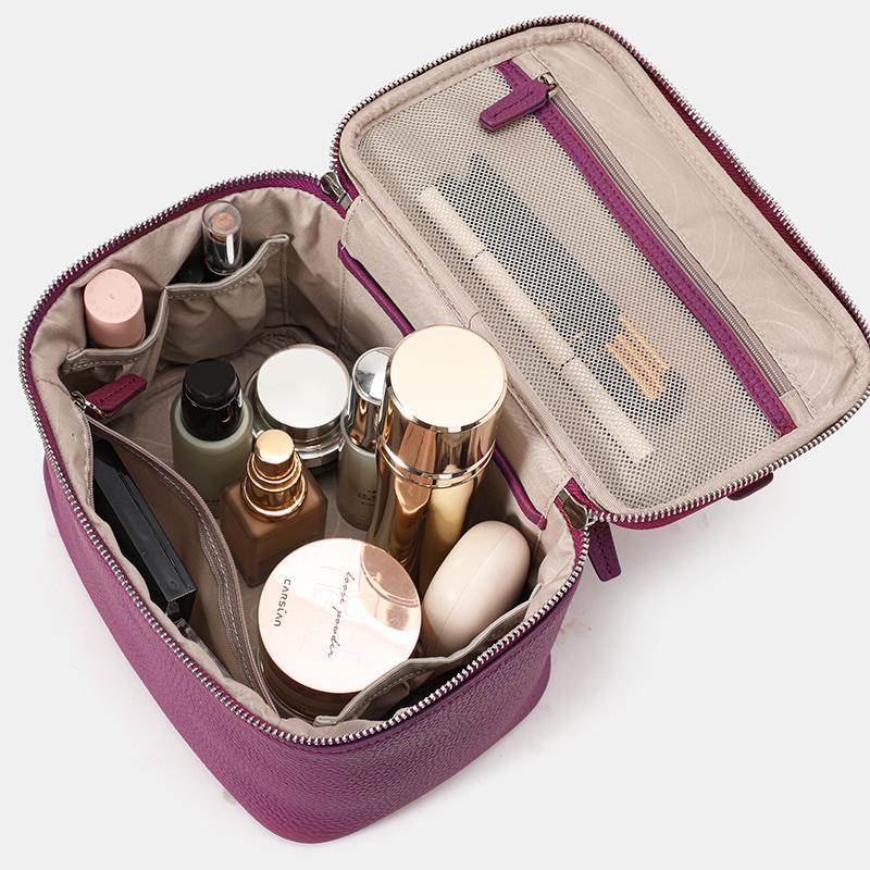 Lychee Leather Handheld Cosmetic Box with Detachable Mirror Double Zipper Travel Makeup Bag for Women