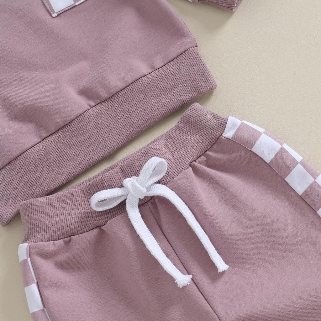 Осенние наряды для маленьких девочек и мальчиков, клетчатый принт, лоскутные толстовки с длинными рукавами и круглым вырезом, длинные штаны, комплект одежды из 2 предметов