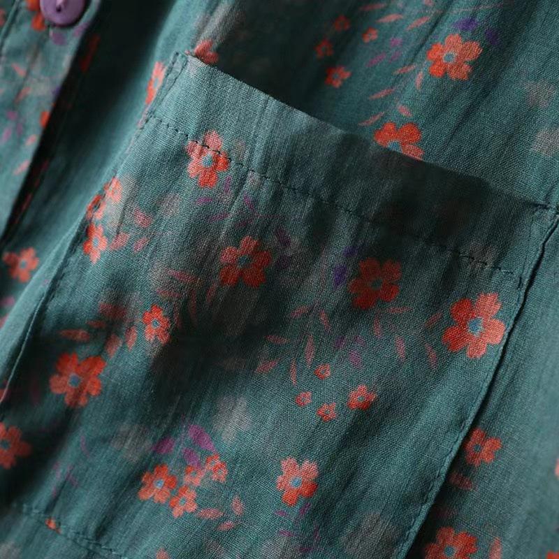 Летний тонкий хлопковый льняной топ с воротником-стойкой для женщин, блузка с цветочным принтом и коротким рукавом, художественная рубашка с откидным воротником