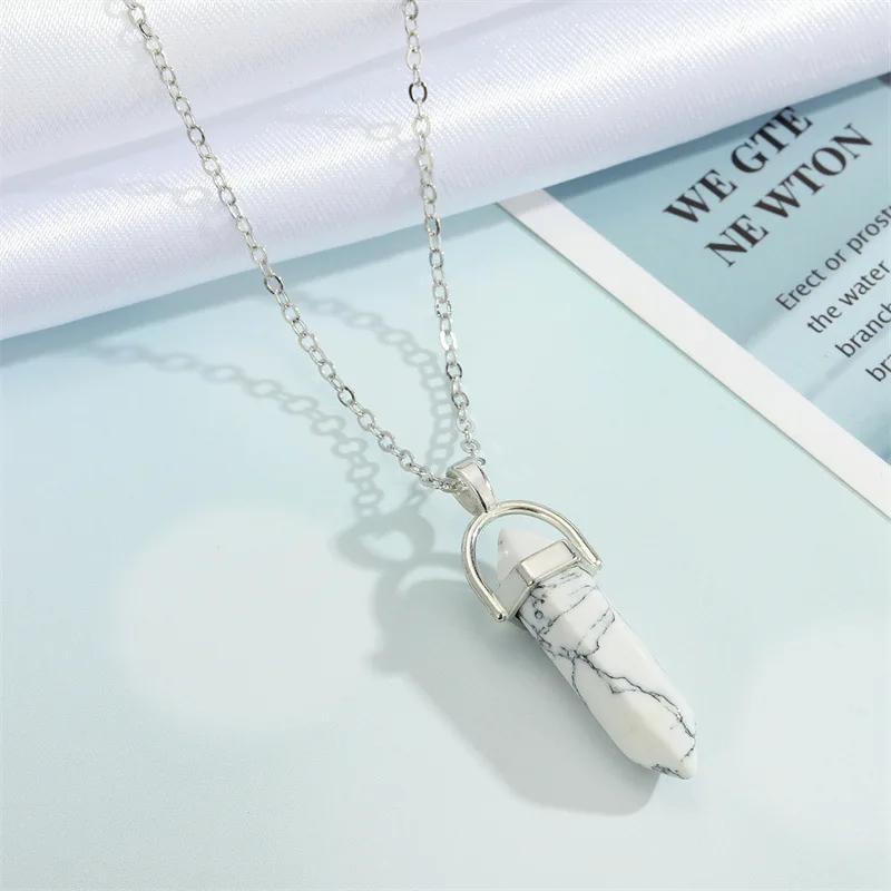 Hexagonal Column Pointed Reiki Chakra Natural Stone Pendant Necklace Women Girl Gift18inch Chain Lapis Opal Chunky Jewelry
