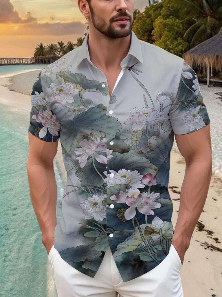 Hawaiian for Lotus Pond Print Men's Casual Shirt - Short Sleeve Button Design, Vibrant Colors, Summer Outdoor and Casual Wear, Machine Washable