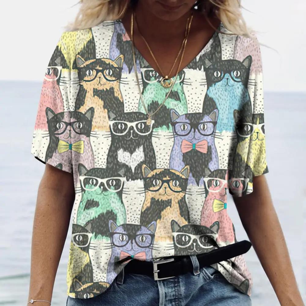 Женская футболка с рисунком котенка, одежда в стиле Харадзюку, летний пуловер с v-образным вырезом для девочек, хлопковые футболки с короткими рукавами, женская повседневная уличная одежда