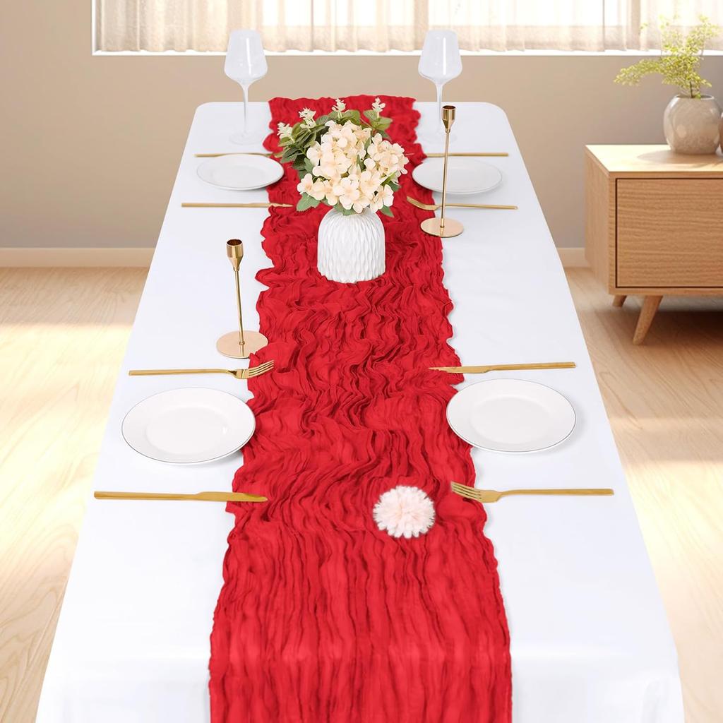 3 Pack Red Cheesecloth Table Runner, 17 x 108 inch, Semi Sheer Boho Cheese Cloth Fabric Table Runner Bulk for Wedding, Birthday, Party, Holiday, Home