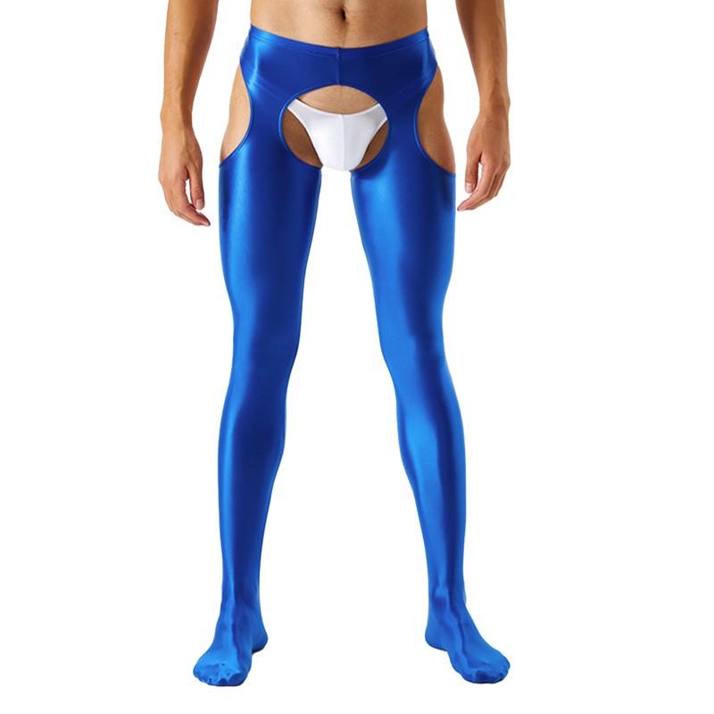 Mens Cutout Crotchless Pantyhose Glossy Mid Waist Tights Leggings