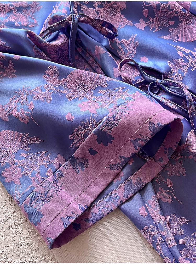 New Women's Spring/Summer Jacquard Silk Pajamas Set with Frog Buttons - National Style Mulberry Silk Thin Home Wear.