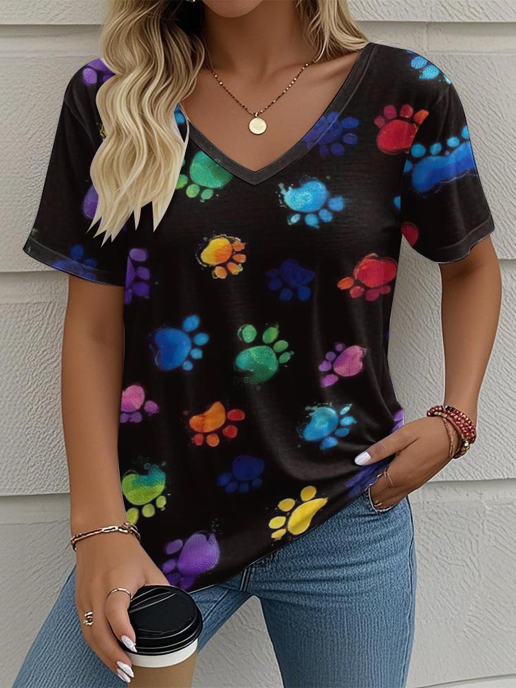 Летняя женская футболка с графическим принтом следов когтей животных, одежда для улицы с V-образным вырезом, модная футболка