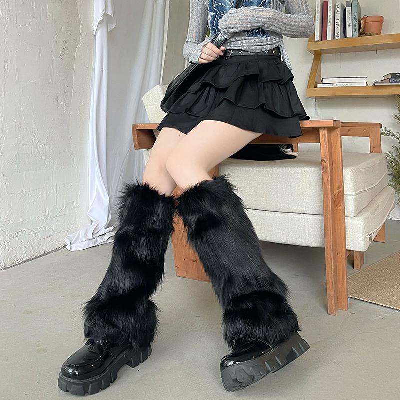 White Faux Fur Leg Warmers Boot Covers Y2K Goth Solid Leg Socks Punk Knee-Length Fashion Warm Sock