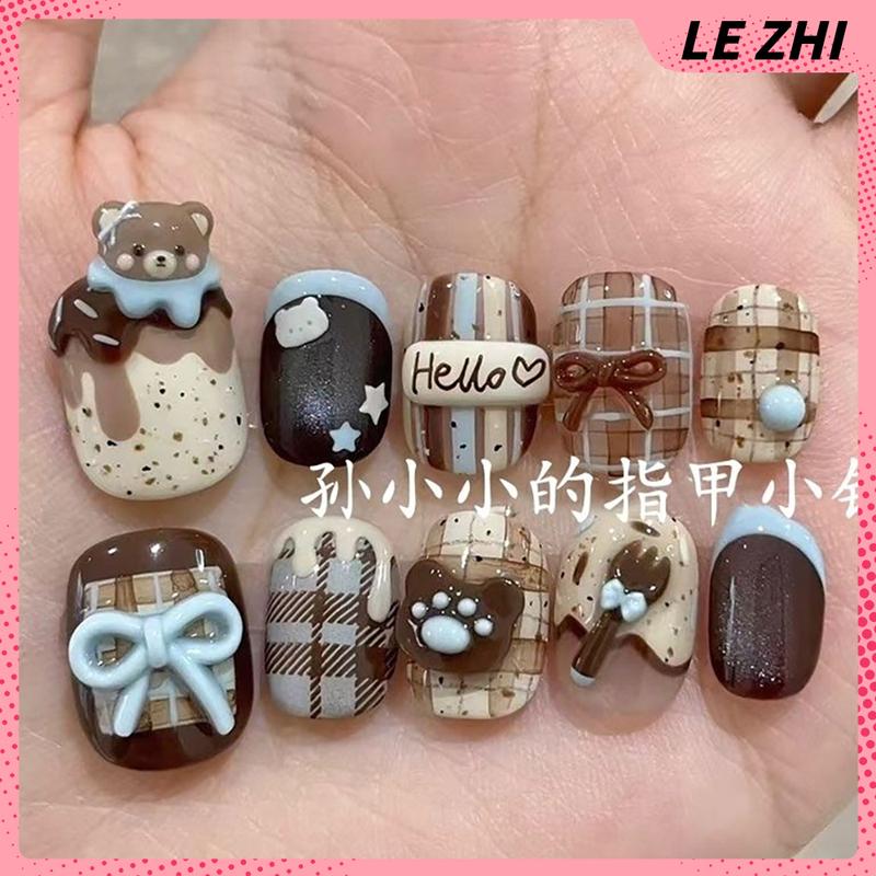 Cartoon Rilakkuma Short Square Round Handmande False Nails Cute Animal Bear Cat Dog Strawberry Bow Press On Nails Christmas Gift