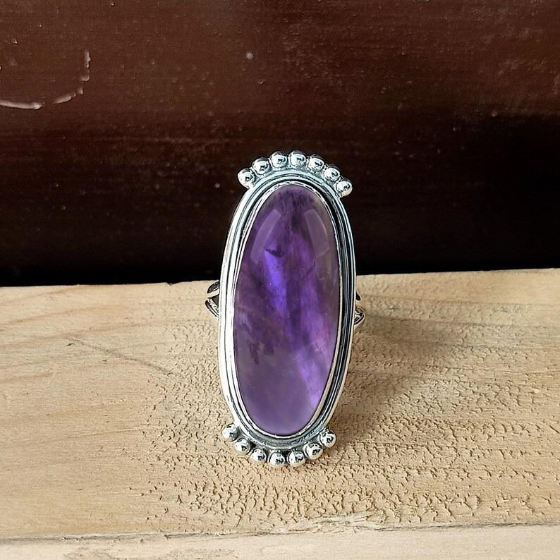 Драгоценный камень аметист Серебро 925 пробы, дизайнерское длинное овальное кольцо ручной работы, эффектное кольцо, украшения с камнем, распродажа Cyber ​​Week