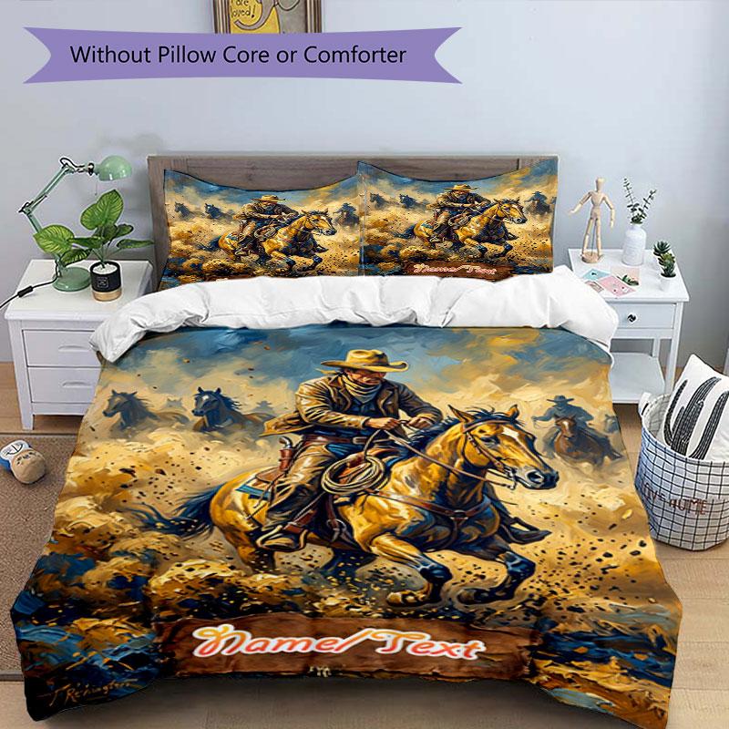 3PC Custom Name Rodeo Cowboy Adventure Bedding Set Printed Bedding Set Duvet Cover Closure Includes 1 Duvet Cover & 33 Pillowcases for Bedroom