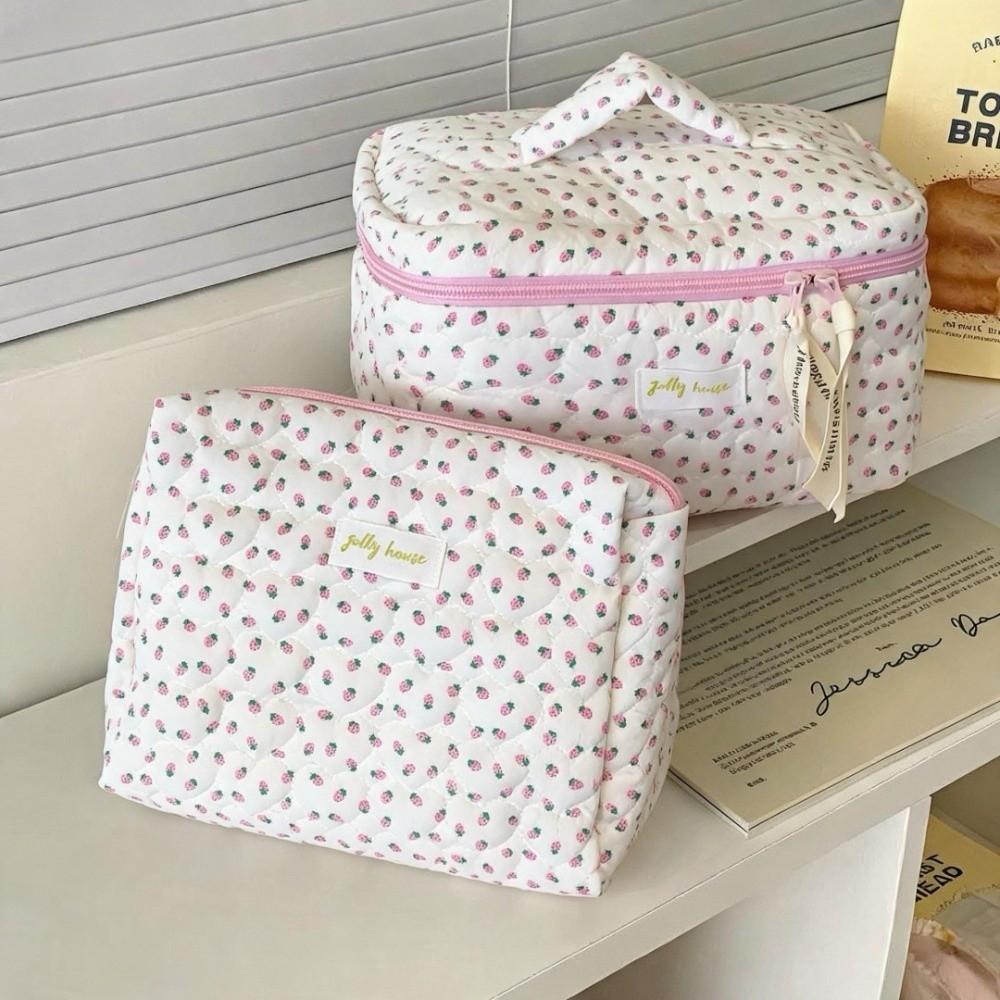 Cotton Makeup Organizer Strawberry Pattern Toiletry Bag Travel Makeup Pouch  Luggage Organization