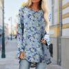 Plus Size Women Autumn Blue Beautiful Rose Printed Comfy Long Sleeve Round Collar T-shirt Casual Baggy Mid Length Tee Tops