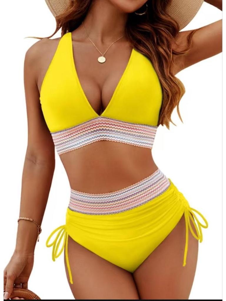 Женский купальник с глубоким V-образным вырезом, высокой талией и разрезом - Сексуальное облегающее бикини