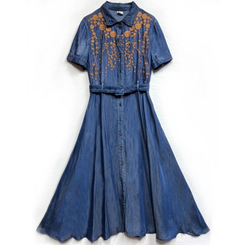 Johnature Винтажное ковбойское платье с вышивкой и лацканами, летнее и осеннее женское модное однобортное платье с короткими рукавами