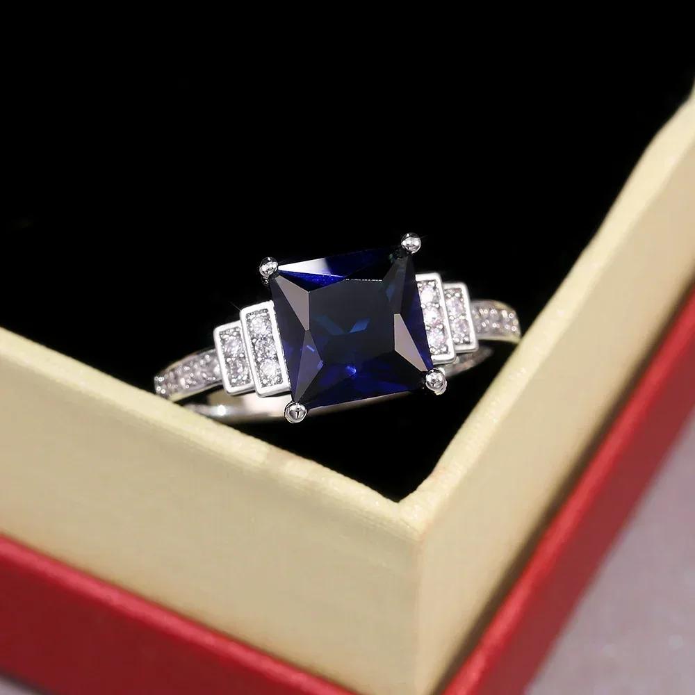 Blue Square Cut Four Claws Women Ring Vintage Design Gracious Lady Luxury Inlaid Zircon Female Jewelry Wedding  Rings