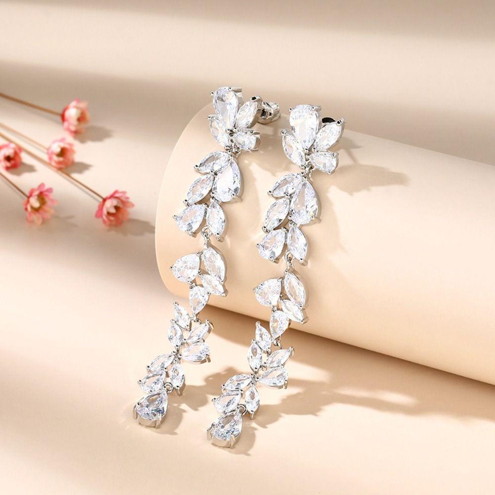 Shiny Crystal Leaf Shape Bracelet Silver Color Wristlet Plant Design Dangle Earrings Gift Bangle
