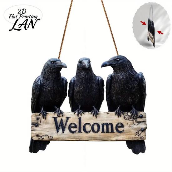 Window Hanging Decor Halloween Crow Door Hanger Sign, Wooden Black Welcome Gothic Natural Hemp Rope Sign Plaque, Rustic Vintage Outdoor for