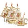 Tea Cups and Saucers Set of 6, 8 Oz Vintage Floral Porcelain Tea Cups Set, Coffee Cups with Golden Rack