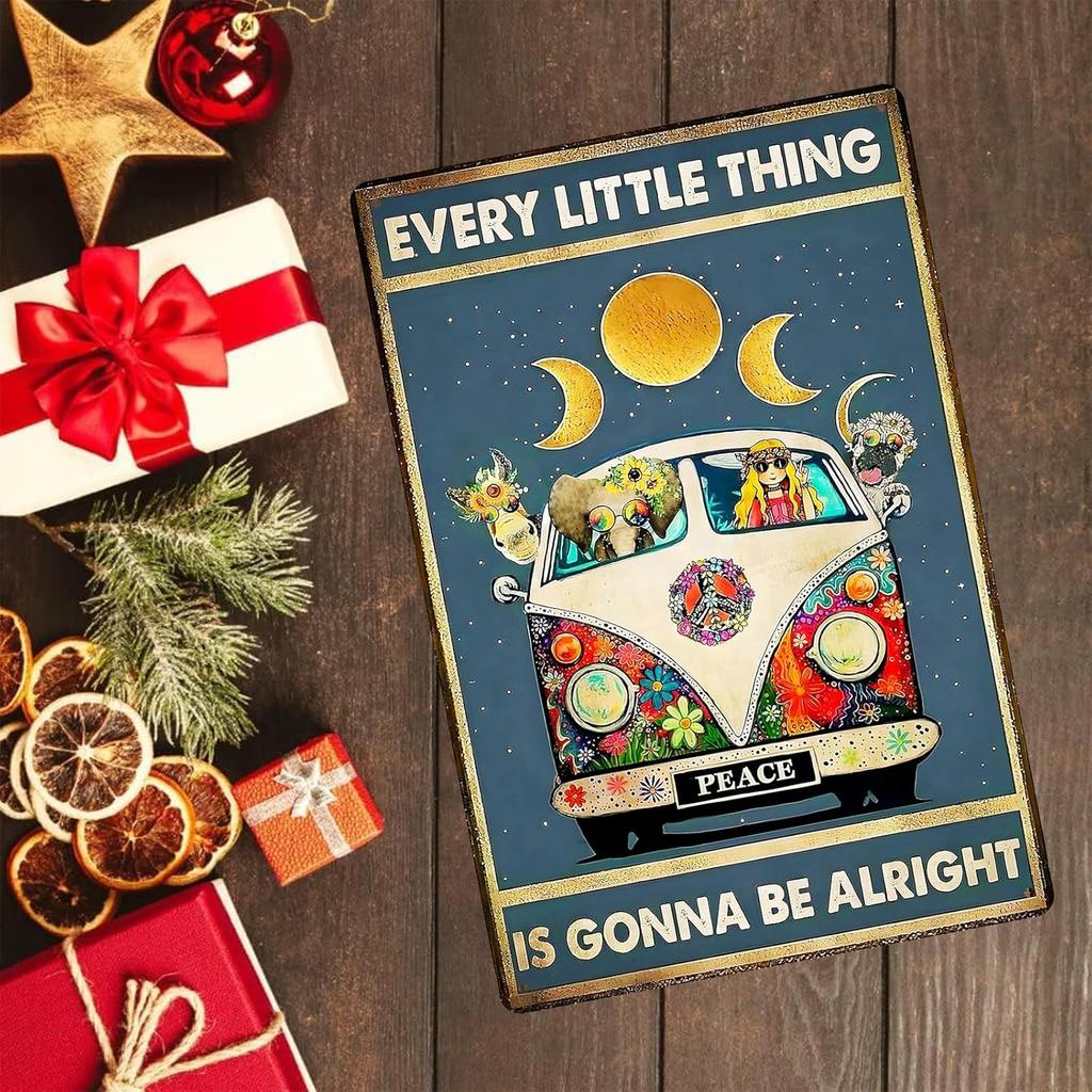WTREEW Retro Hippie Decor Wall Art Poster - Every Little Thing is Gonna Be Alright Vintage Metal Sign Peace Wall Decor