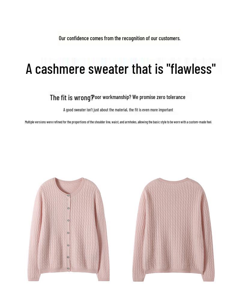 Women's 100% Pure Cashmere Cable Knit Round Neck Cardigan Sweater for Autumn and Winter