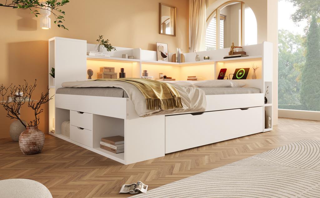 Daybed 140x200 cm White Double Guest Bed, Wood-Based, LED Lighting, USB & Type-C Charging, Shelves & Drawers, incl. Slatted Frame (With Mattress)