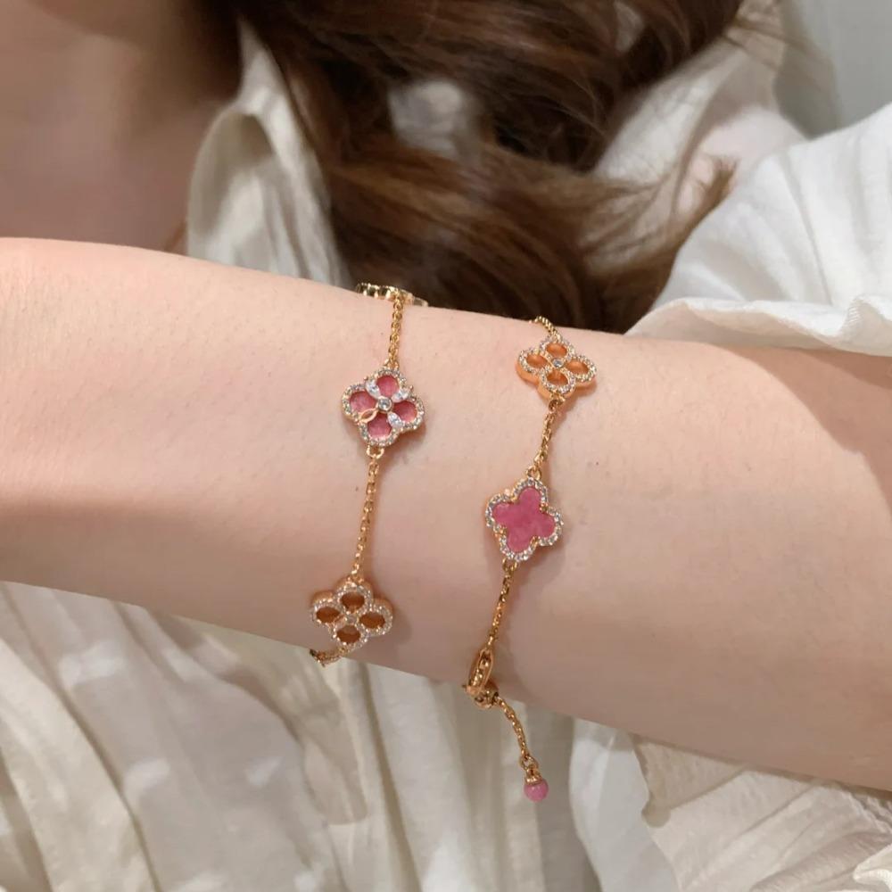 Double Side Diamond Rose Pink Clover Jewelry Set for Women Luxury Bracelet Necklace Earrings