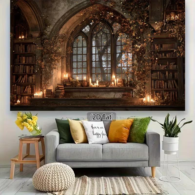 2D Vintage Gothic Library Window & Books Photo Booth Backdrop