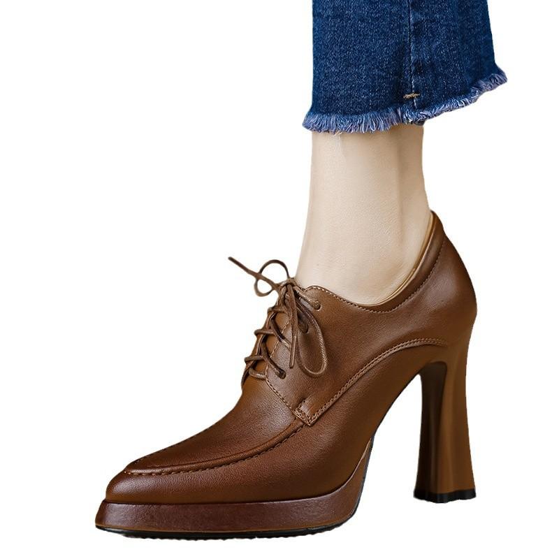 Туфли на высоком каблуке в стиле ретро, женские, с толстым каблуком, водонепроницаемые, 2025, новые, полностью кожаные, внутри и снаружи, не уставшие ноги, со шнуровкой, с глубоким горлом, одинарные туфли