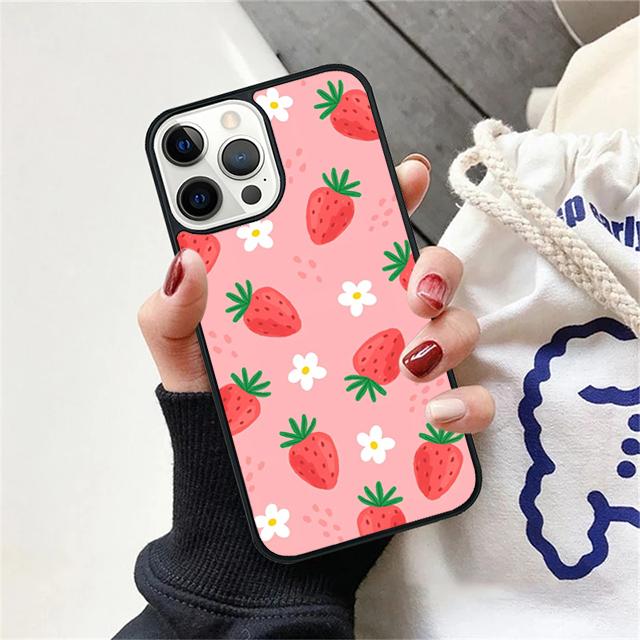 Розовый чехол-бампер с рисунком клубники для iPhone 17 Air 15 16 14 13 12 Pro Max 11 Pro Max Plus