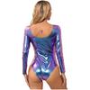 Womens Long Sleeve Shiny Metallic Gymnastics Dance Leotard Stage Performance Jumpsuit