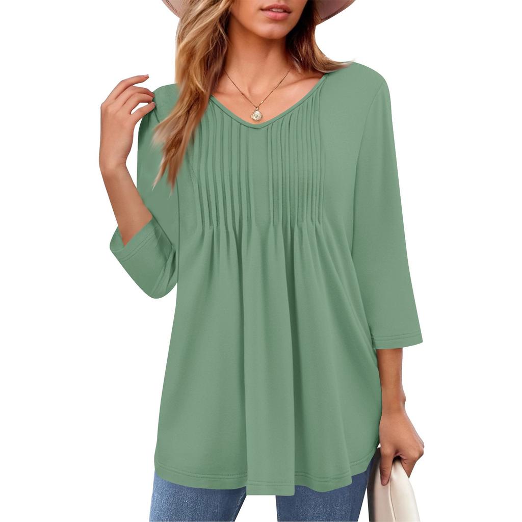 Женские топы с V-образным вырезом и рукавом три четверти в полоску, плиссированные, повседневные, летние, модные, рубашки