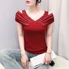 Classic Summer Women's Sexy V-Neck Hot Diamonds T-shirt Elegant Off Shoulder Ladies Tops Shirts Short Sleeved Cotton Tees