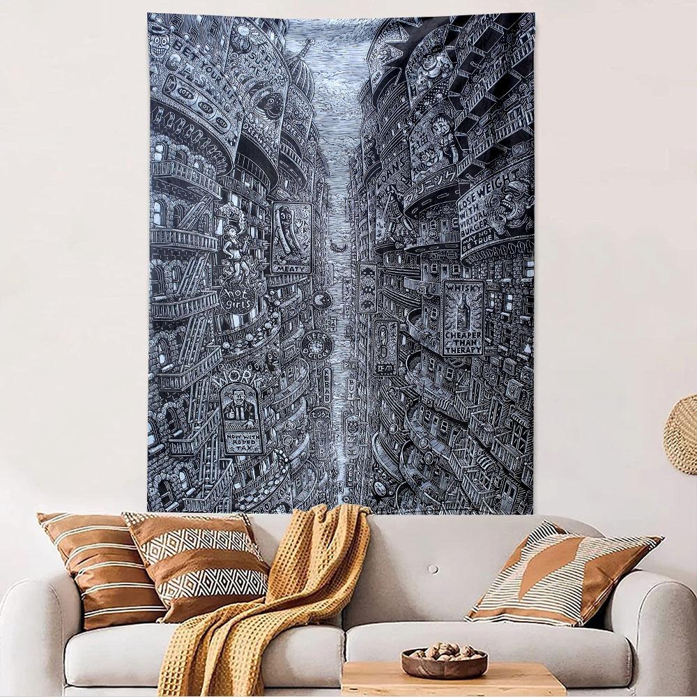 Dense City Street Tapestry Wall Hanging, Black White Urban Scene Art, Urban Wall Decor for Bedroom Living Room Dorm