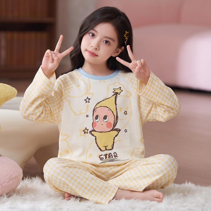 Cotton Pajama Set Girls Long Sleeve Cartoon Print Sleepwear Home Outfit Comfortable Kids Lounge Wear