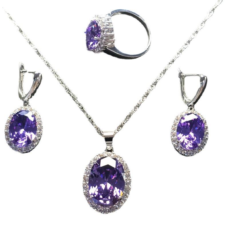 European and American Zircon Jewelry Set Jewelry Ring Necklace Earrings Inlay
