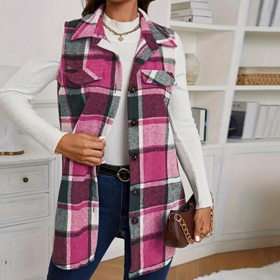 Женский жилет весна-осень с отложным воротником и клетчатым принтом, без рукавов, свободный однобортный жилет средней длины, пальто, верхняя одежда для школы и поездок на работу