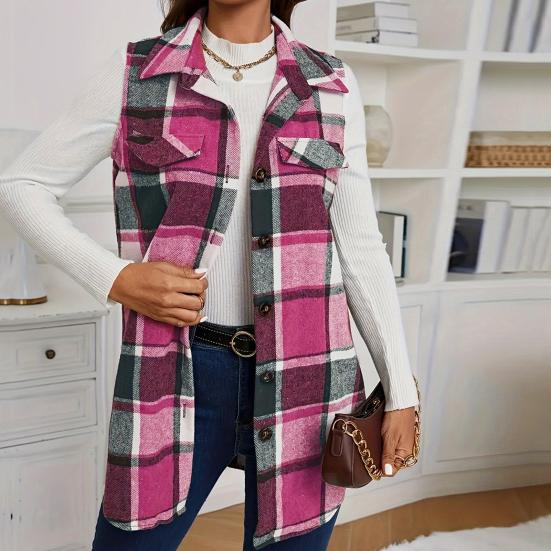 Женский жилет весна-осень с отложным воротником и клетчатым принтом, без рукавов, свободный однобортный жилет средней длины, пальто, верхняя одежда для школы и поездок на работу