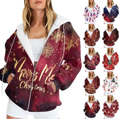 Женская мода повседневная рождественская принтовая толстовка зимняя с длинным рукавом кардиган куртка с карманом на молнии толстовка с капюшоном куртка