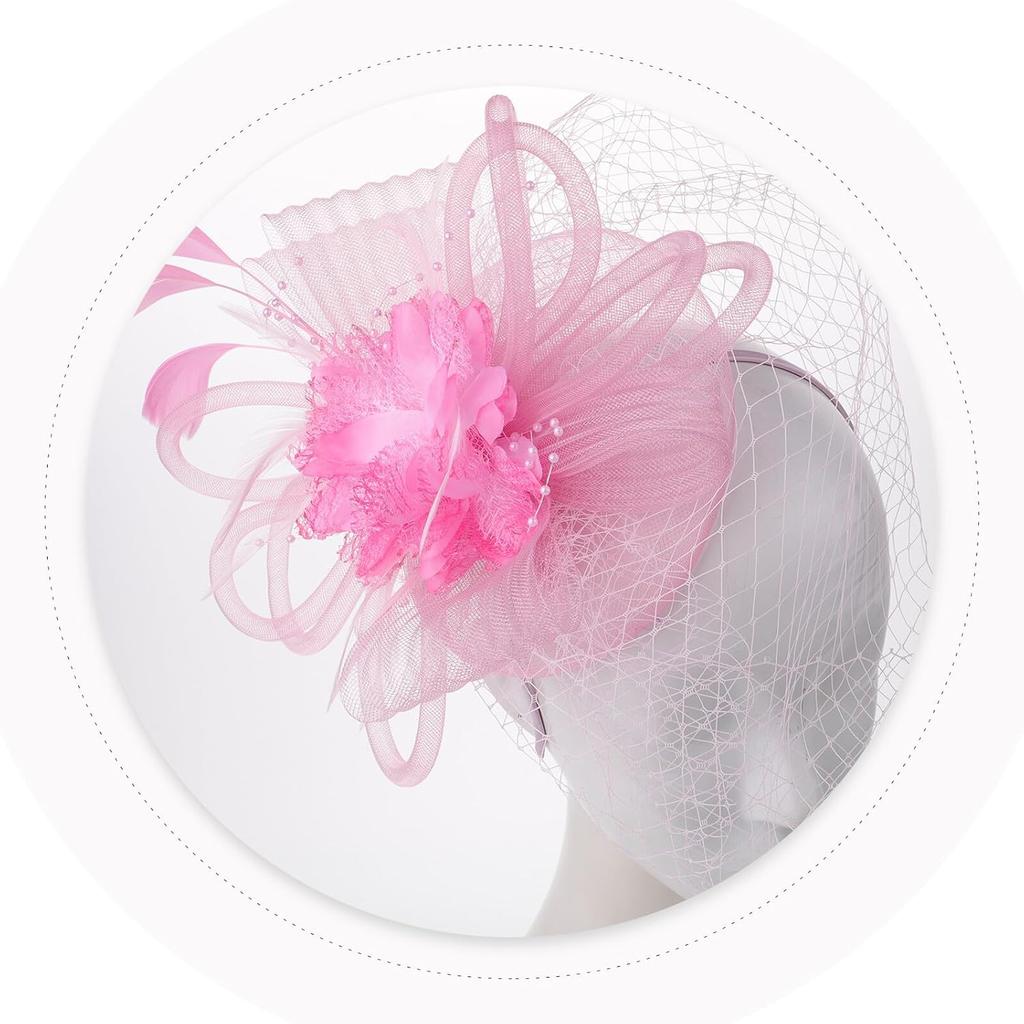 Tea Party Fascinator Hat for Women, Pink Mesh Flower Headband with Decorative Plume Hair Clip, Cocktail Wedding Special Occasion Accessory