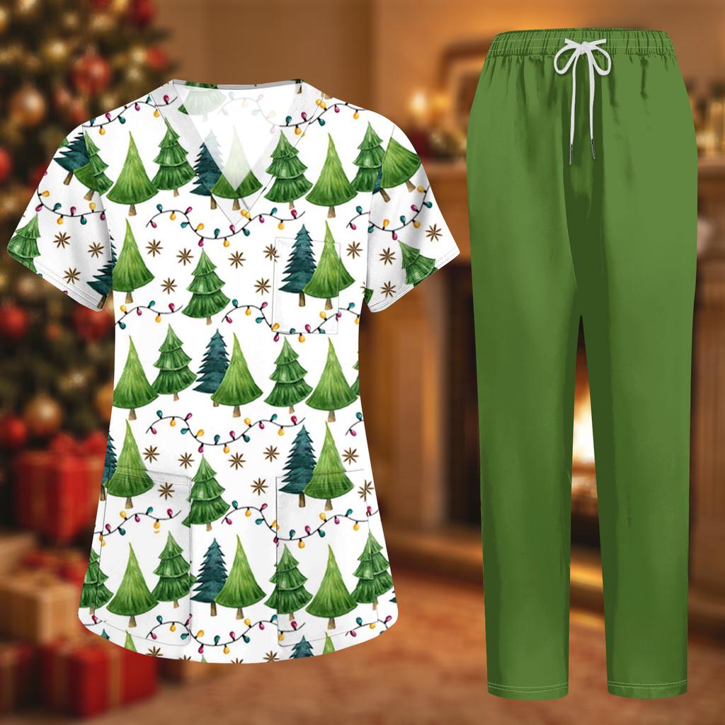 Women's Uniform Set with Short Sleeve Christmas Print Top and Pants, Two Piece Caregiver with Pockets
