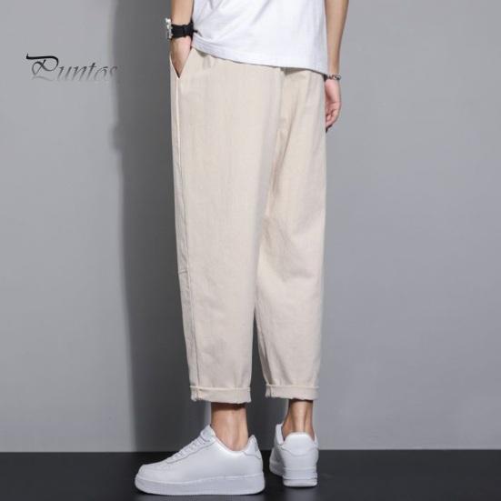 Мужские девятые брюки с тонкими боковыми карманами на шнурке и эластичной резинкой на талии в японском стиле с широкими штанинами, сплошной цвет в стиле ретро, ​​спортивные штаны для тренировок в тренажерном зале, длинные брюки