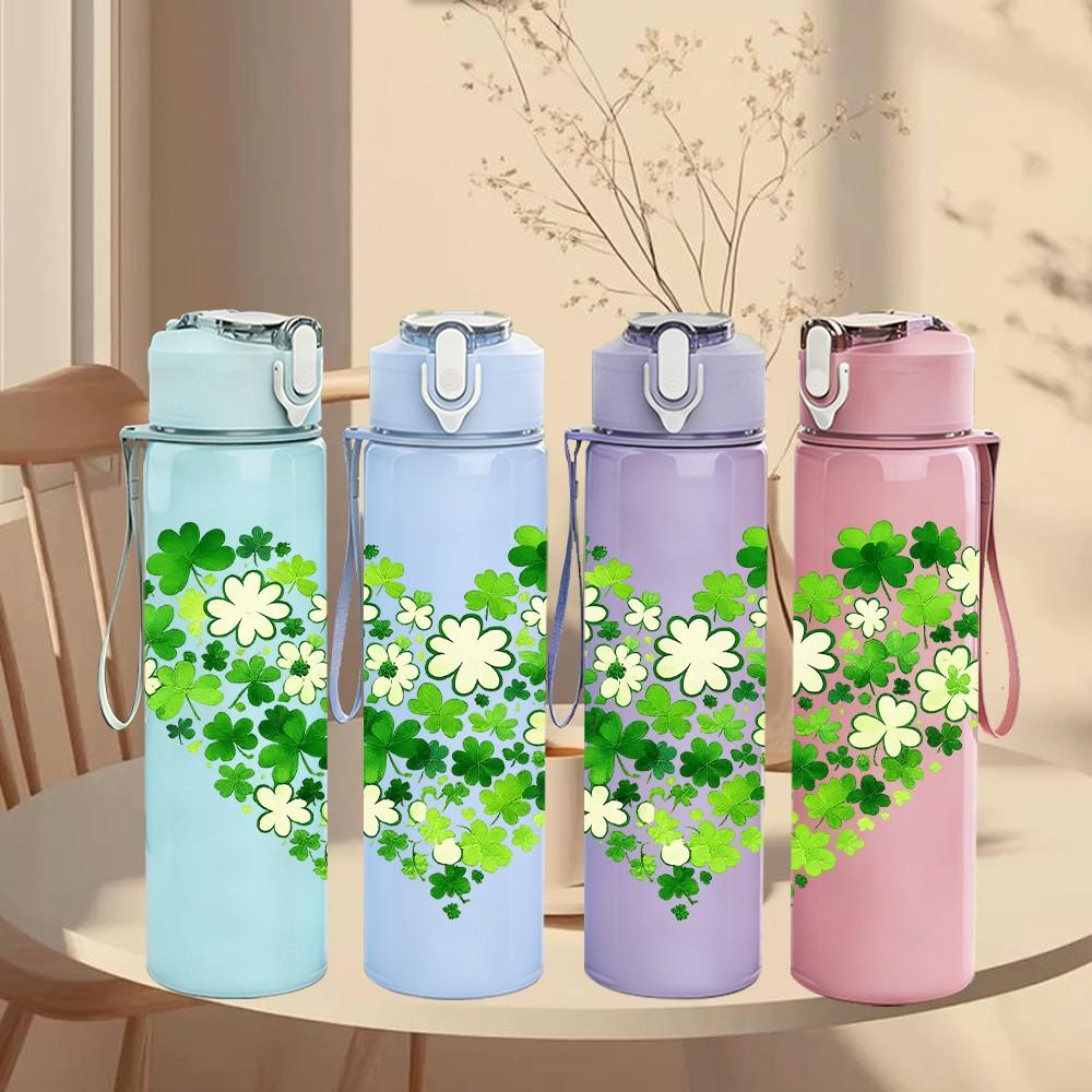 1PC Heart Shape Clover Leaf Art 750ml Color Plastic Sports Water Bottle Leakproof Flip Straw Lid Suitable for Sports Office Home Use