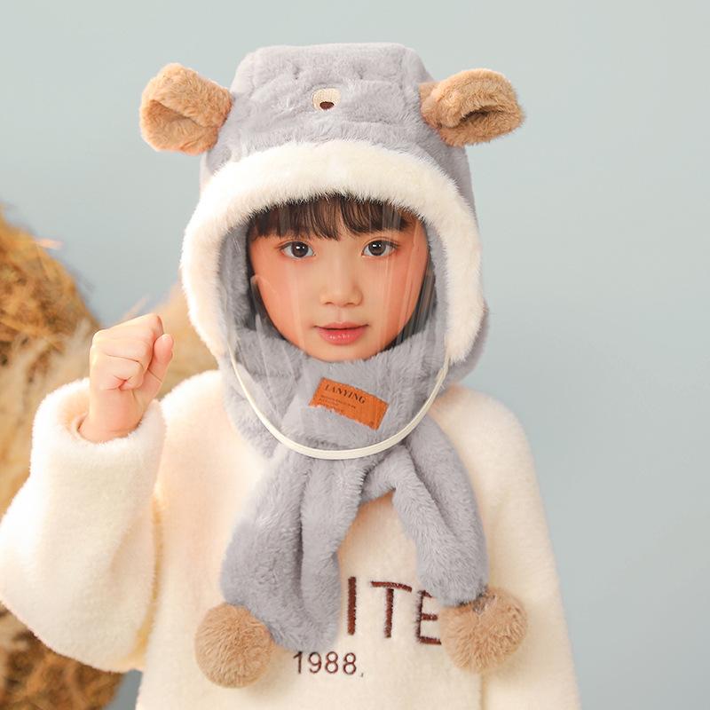 Bear hat, scarf, integrated children's winter thickened warm scarf, anti-fogging lenses, parent-child cycling ear protector