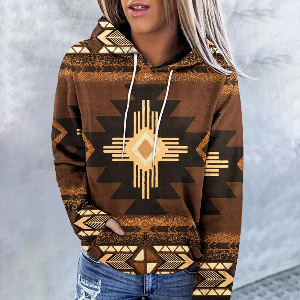 Women's Fashion Casual Ethnic Style Printed Long Sleeved Hooded Sweater Top