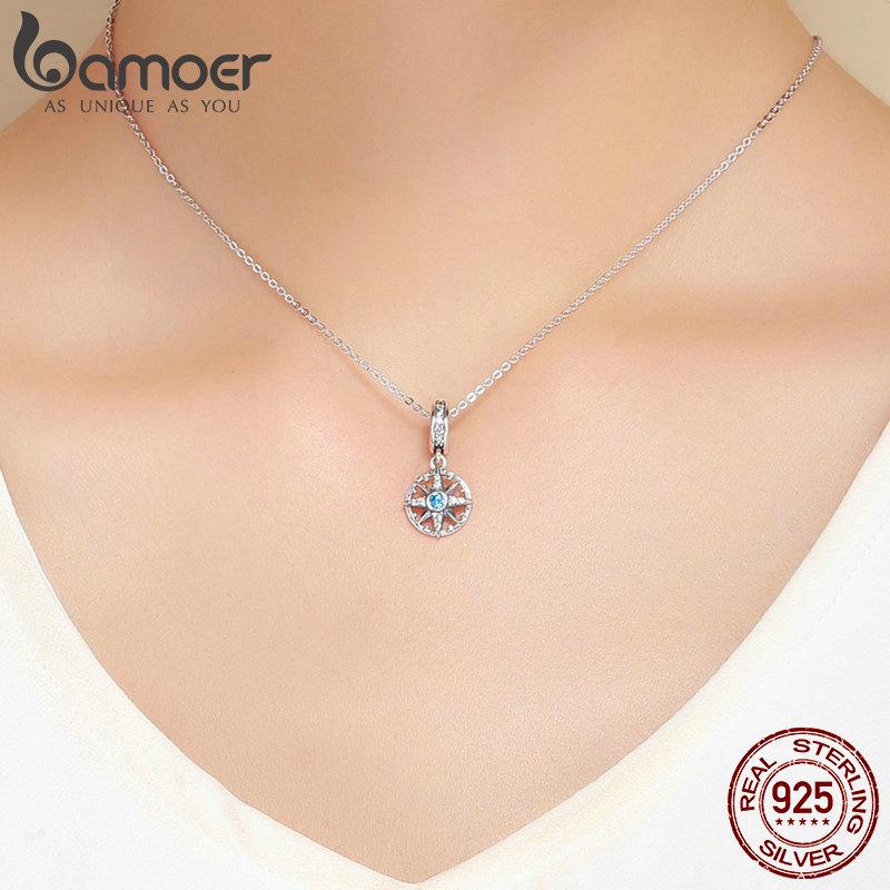 BAMOER Сверкающее серебро 925 пробы, сверкающий морской компас, звезда, прозрачная подвеска с CZ, подходит для браслетов