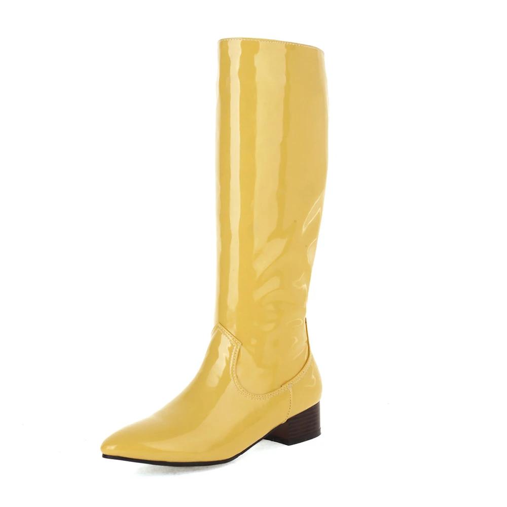 Модные осенне-зимние женские сапоги на квадратном каблуке, высокие до колена, с острым носком, из лакированной кожи, удобные на низком каблуке, для вечеринки, платья, танцев