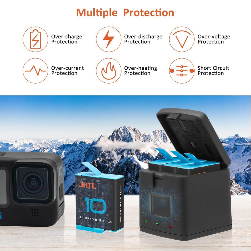 Набор аккумуляторов и зарядное устройство JHTC для GoPro Hero 10 (3 x 1800 мАч, USB Type-C, Выдвижное зарядное устройство) - Полностью совместим с GoPro Hero 11 Black, GoPro Hero 10 Bla