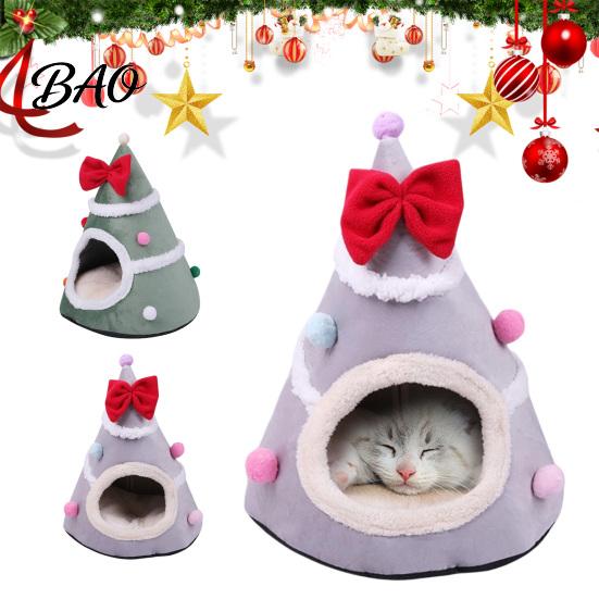 Cute Christmas Tree Pet Bed Cat Bed, Plush Cave with Removable Cushion, Non-slip Warm Sleeping for Cats Bottom, Cozy House Indoor Kittens Winter