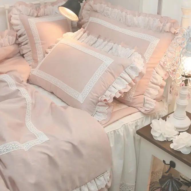 Korean Princess Style Bedding Set Stitch Lace Ruffles Bed Linen Room Decor Double Duvet Cover Set Bed Skirt Pillow Cases
