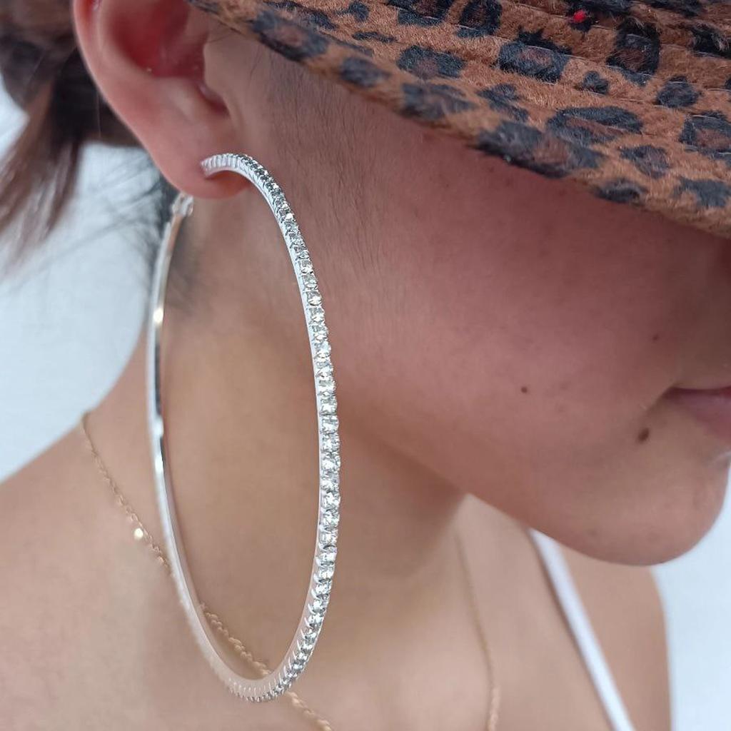 Les Trésors De Lily [R7221] - Silver White 'Sissi' Rhinestone Hoop Earrings - 8 Cm 2 Mm